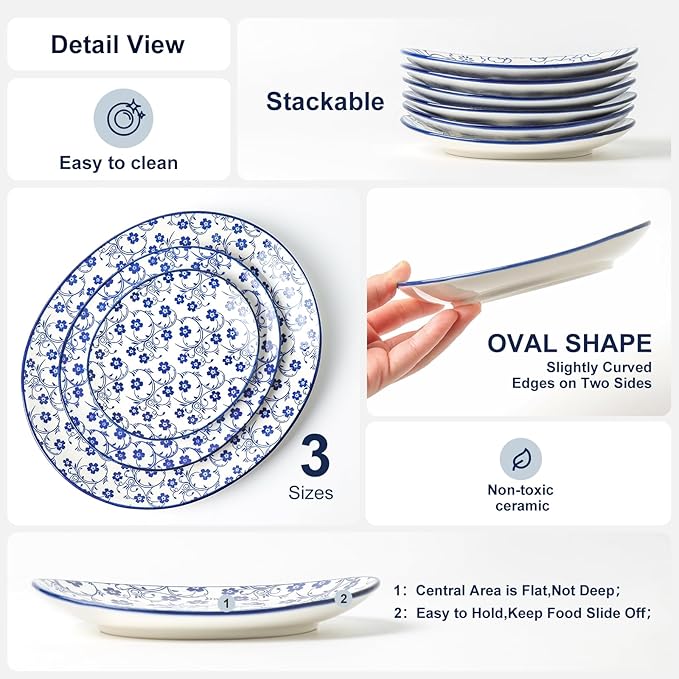 Selamica Small Dinner Plates, Oval Dessert Plates Ceramic, 6 Inch Small Plates for Appetizer, Cake, Snacks, Microwave Dishwasher Safe, Set of 6, Vintage Blue