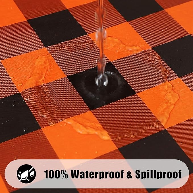 Smiry Rectangle Picnic Table Cloth, Elastic Waterproof Fitted Vinyl Tablecloths, Flannel Backed Buffalo Plaid Table Covers for Dining, Camping, Outdoor (Black and Orange, 30" x 72")