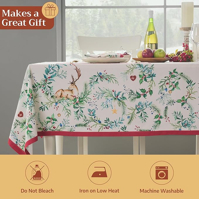 Maison d' Hermine Table Cloth Rectangle Table 100% Cotton 60 x 108 Inches Fall Tablecloth Reusable Everyday Use for Thanksgiving Christmas Decorations Dining Farmhouse Party (Holly Time)