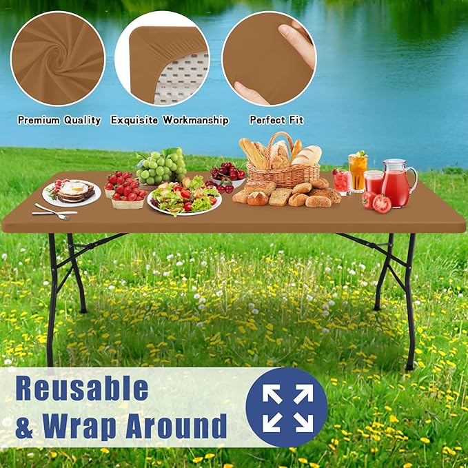 Spandex 4 Foot Rectangle Table Cloth 2 Pack, Elastic Fitted Tablecloths for Picnic, Stretch Washable Patio Table Cover for Outdoor, Camping, Banquet and Parties (Brown, 30"x48")
