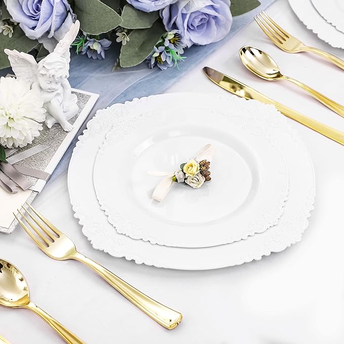 Morejoy 100PCS White Plastic Plates，White Disposable Plates，Include 50 Pieces 10.25 Inch Dinner Plates & 50Pieces 7.5 Inch Dessert Plates,Perfect for Weddings & Party