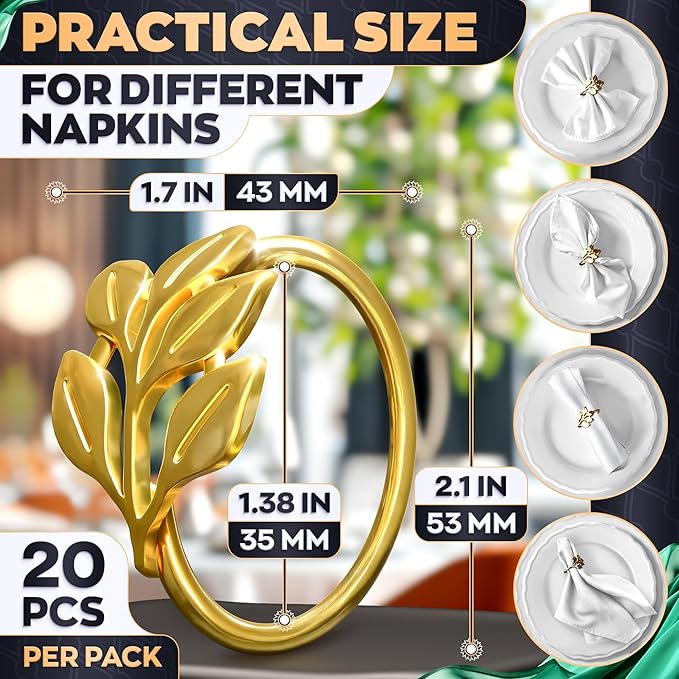 Gold Napkin Rings Set of 20 - Valentine Napkin Rings Fits Various Napkins Styles, Elegant Gold Leaf Design for Dinner Parties, Special Events, Holidays & Valentine Table Decor, as Gifts for Hosts