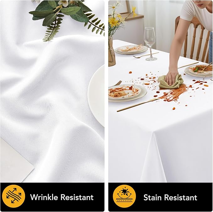 10-Pack White Tablecloths for Rectangle Tables, 70 x 108 Inches, Stain-Resistant Polyester Fabric for 6 Foot Tables - Washable Table Covers for Weddings, Banquets, Birthday Parties, Events
