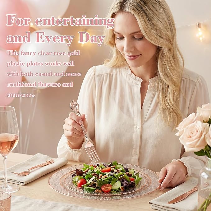 102PCS Rose Gold Plastic Plates - Clear Rose Gold Disposable Plates Include 51PCS 7.5inch Dessert Plate 51PCS 10.25inch Dinner Plate Perfect for Weddings Valentine's Day Parties