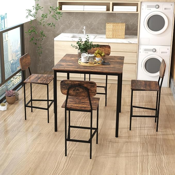 Giantex 5-Piece Dining Table Set W/Counter Height Table & 4 Bar Stools, Industrial Kitchen Dining Set W/Footrest & Backrest, Space-Saving Dinette Set for Pub, Dining Room, Restaurant (Mix Brown)