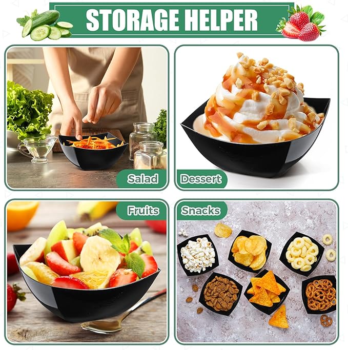 Sliner 100 Pcs Square Plastic Bowls 8 oz Plastic Serving Bowls Disposable Chip Containers for Parties Snack Fruit Candy Containers for Candy Buffet Salad Bar Buffet Party Supplies(Black)