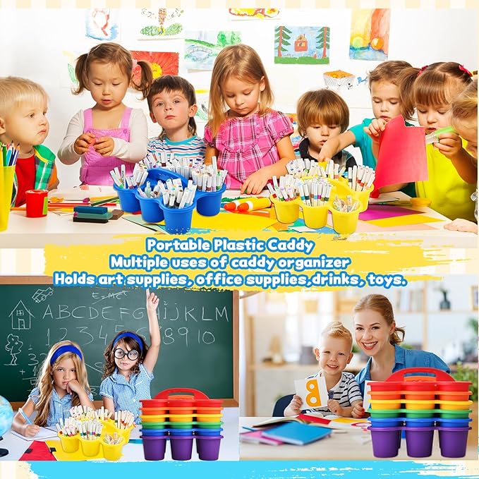 Haundry 6 Pack Classroom Caddy Storage Basket with Handle, Plastic Drink Cup Caddy Holder, 6 Compartments for Kids, Table, Office, Arts, Crafts, Crayon, Marker, Pencil, School Supplies