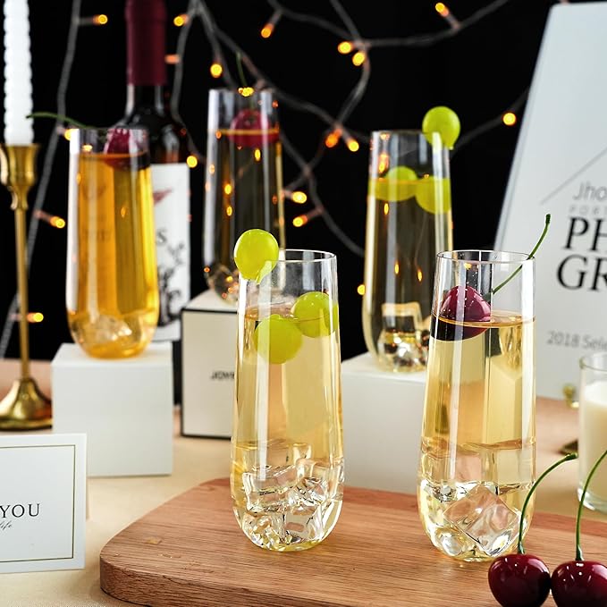 24 Pack 9 oz Stemless Plastic Champagne Flutes, Clear Disposable Champagne Toasting Glasses, Shatterproof and BPA-Free Drinkware for Party & Graduation & Wedding