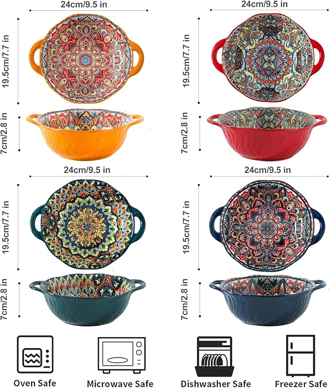 Ceramic Large Soup Bowl with Double Handle 9.5 inch Set of 4,32 oz Embossed Bowl Set for Salad, Oatmeal, Dessert, Pasta, Stew, Dishwasher & Microwave Safe - Colorful