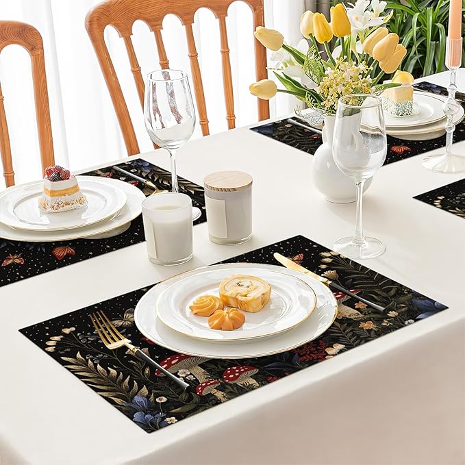Mushroom Botanical Placemats Set of 4, Mushroom Plants Leaves Butterfly Place Mats, Moon Waterproof Washable Table Mats for Home Party Indoor Kitchen Dining Table Decoration 12x18 Inch