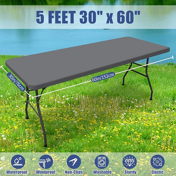 Spandex 5 Foot Rectangle Table Cloth 2 Pack, Elastic Fitted Tablecloths for Picnic, Stretch Washable Patio Table Cover for Outdoor, Camping, Banquet and Parties (Grey, 30"x60")