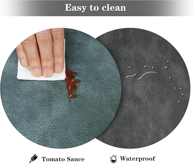 Round Placemats and Coasters Set of 6, Washable Reversible Faux Leather Placemats Cowhide Pattern Place Mats Wipeable Non-Slip 15 inch Round Kitchen Dining Table Mats (Gray Blue Green, 6)