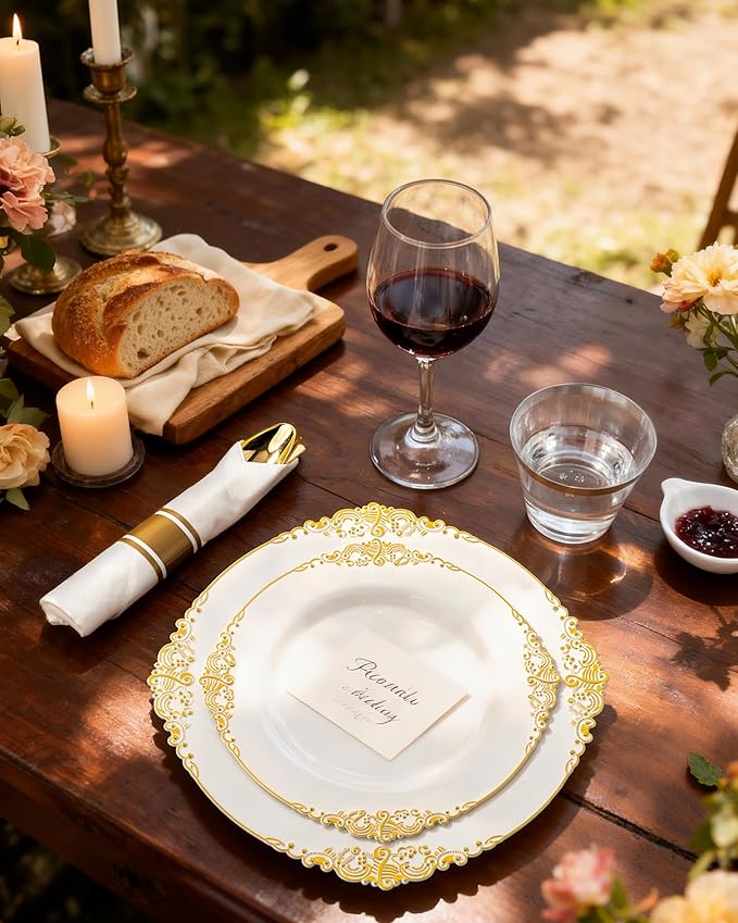 Nervure 100Pcs Ivory Plastic Plates - 7.5inch Ivory and Gold Disposable Plates - Heavyweight Plastic Plate - Dessert Plate for Wedding & Party