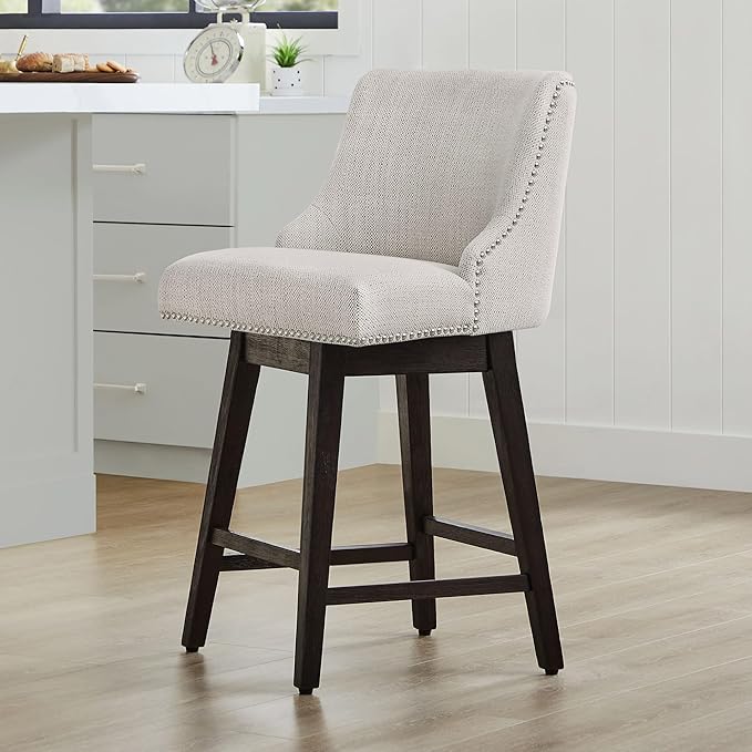 CHITA Counter Height Swivel Bar Stools, FSC Certified Upholstered Counter Stools, Modern Swivel Barstools with Wood Legs for Kitchen Island, 26" Seat Height, Fabric in Ivory
