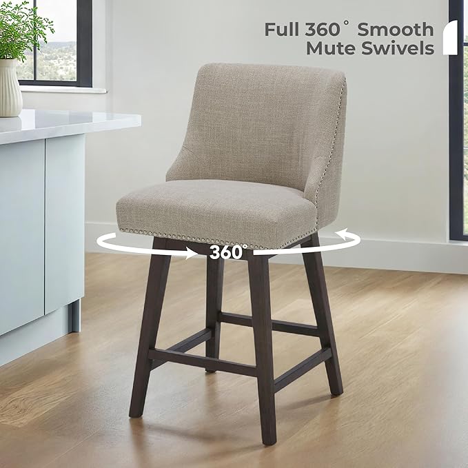 CHITA Counter Height Swivel Bar Stools Set of 2, FSC Certified Upholstered Counter Stools, Modern Swivel Barstools with Wood Legs for Kitchen Island, 26" Seat Height, Fabric in Tan