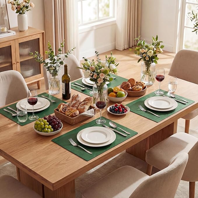 Artoid Mode Green Faux Leather Placemats Set of 4, 12x18 Inch Waterproof Wipeable Heat Resistant Vinyl Place Mats, Reversible Table Mats for St. Patrick's Day Dining Decor