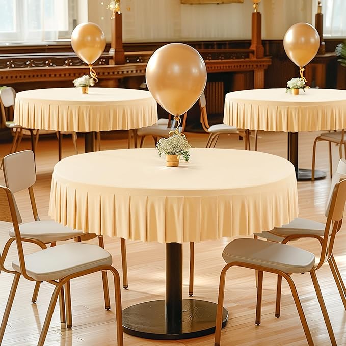 1 Pack Champagne Spandex Round Tablecloths for 60 inch Table, Stretchy Fitted 5FT Round Table Cloths,Wrinkle Free Table Cover with Skirt for Wedding Party Dining Banquet