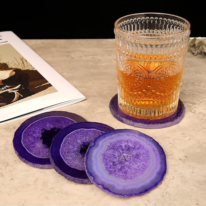 Agate Coaster Set of 4, 3.5-4" Natural Geode Stone Coasters for Drinks Coffee Table Decor Agate Slices Glass Cups Holder for Home Guest Room Housewarming Birthday Gift (Purple)