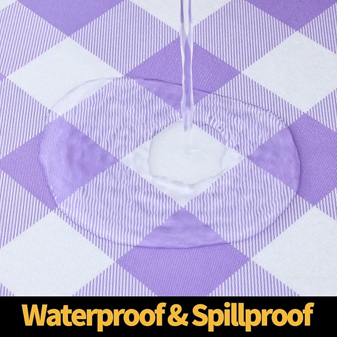 Smiry Rectangle Picnic Table Cloth, Elastic Waterproof Fitted Vinyl Tablecloths, Flannel Backed Buffalo Plaid Table Covers for Dining, Camping, Outdoor (White and Purple, 30" x 96")