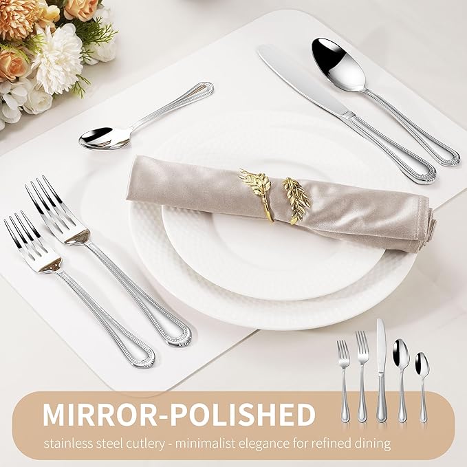 40-Piece Flatware Set for 8, Heavy Duty 18/10 Stainless Steel Silverware Set, Weighted Silverware Knives Forks and Spoons Set, Beaded Edge Handle, Dishwasher Safe