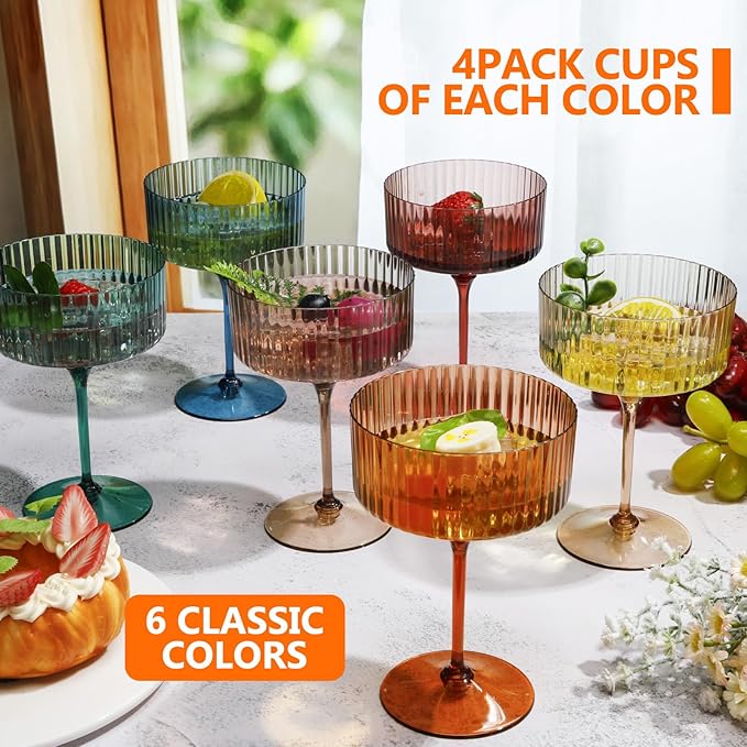 24 Pcs Ribbed Martini Glasses 10 oz Disposable Plastic Vintage Ribbed Coupe Glasses Unbreakable Dessert Parfait Glassware for Wedding Birthday Party Supplies (Classic Color)
