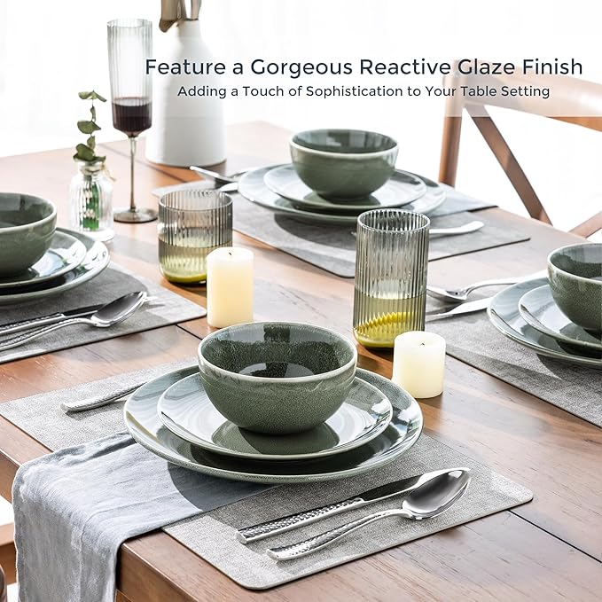 AmorArc Ceramic Dinnerware Sets for 8, 24 Pieces Handpainted Plates and Bowls Set, Scratch Resistant Stoneware Dishes Set, Dishwasher & Microwave Safe, Jade Green