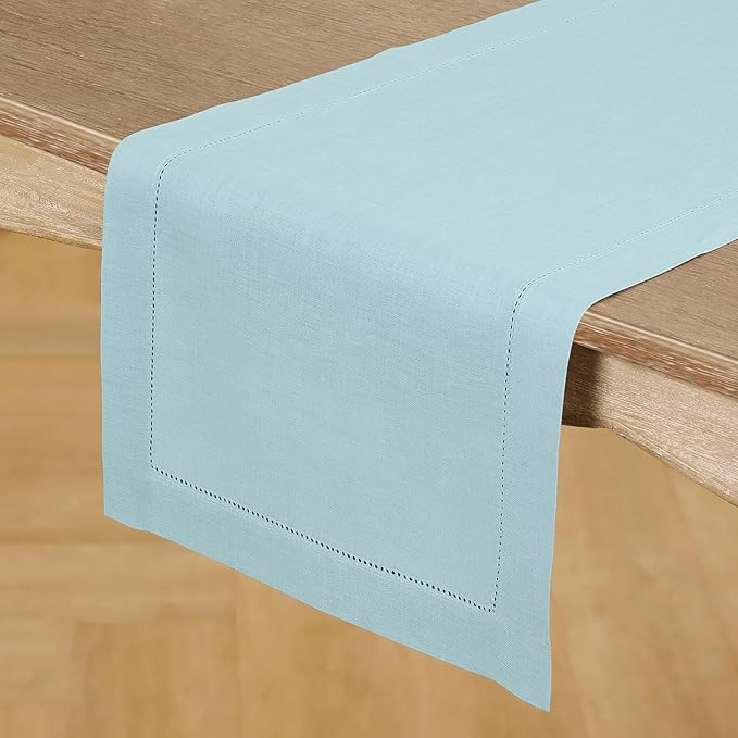Solino Home Linen Aqua Blue Table Runner 72 Inches Long - 100% Pure Linen Hemstitch Table Runner 14 x 72 Inch for Dresser, Dining, Spring, Easter, Winter - Classic Hemstitch
