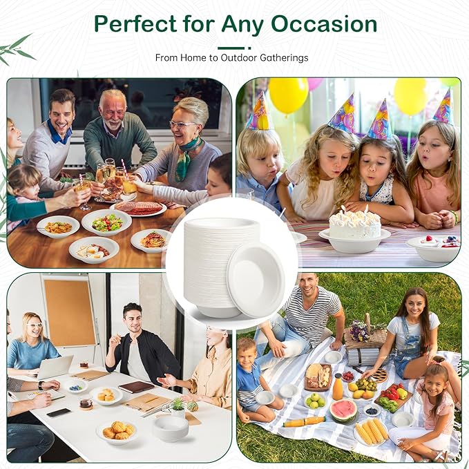 𝟴 𝗼𝘇, 𝟭𝟮𝟴-𝗣𝗮𝗰𝗸 Compostable Paper Bowls, Heavy-Duty Biodegradable Disposable Bowls Made from Bagasse, Eco-Friendly, Microwave & Freezer Safe (White)