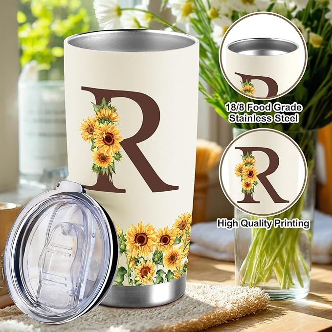 Sunflower Gifts for Women - Personalized Christmas Gifts for Women - Birthday Gift for Woman - Mothers Day Gift for Mom - Monogrammed, Initial 20oz Travel Cup Insulated Tumbler with Lid, R