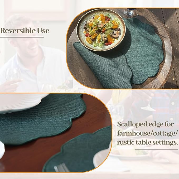 AHHFSMEI Round Faux Linen Placemats Set of 6 Waterproof Table Mats Heat Resistant Non-Slip and Stain Proof for Kitchen Dining Elegant Decor (Forest Green,6)