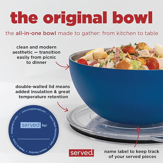 served Large Insulated Serving Bowl with Lid (100oz/3QT) - Double-Walled Stainless Steel Bowl for Hot & Cold Food - Vacuum Insulated, Spill-Resistant Thermal Bowl for Parties, Casseroles, Tailgates