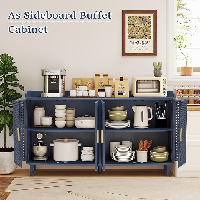 ORRD 4 Doors Storage Cabinet, 2 Tier Wooden Storage Organizer Cabinet with Adjustable Shelf, Sideboard Buffet Cabinets with Iron Curved Doors Accent Shoe Rack for Entryway Hallway Living Room (Blue)