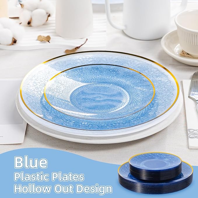 60PCS Blue Plastic Plates with Gold Rim, Lace Patterns Heavy Duty Disposable Plates Include 30 Dinner Plate 10 Inch and 30 Salad Plate 7 Inch for Party, Wedding, Transparent Blue