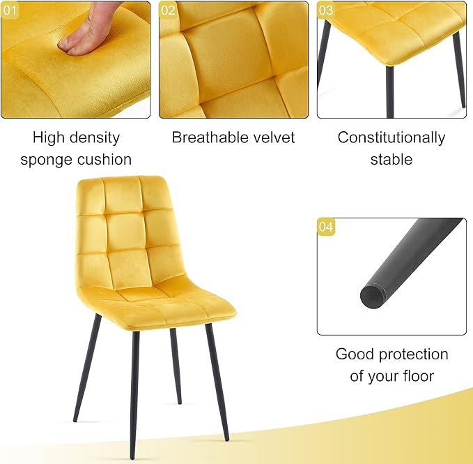 5-Piece Round Dining Table Set - Kitchen Table Chairs Set of 4 with Yellow Velvet Upholstered Chairs -Dining Table Set for 4