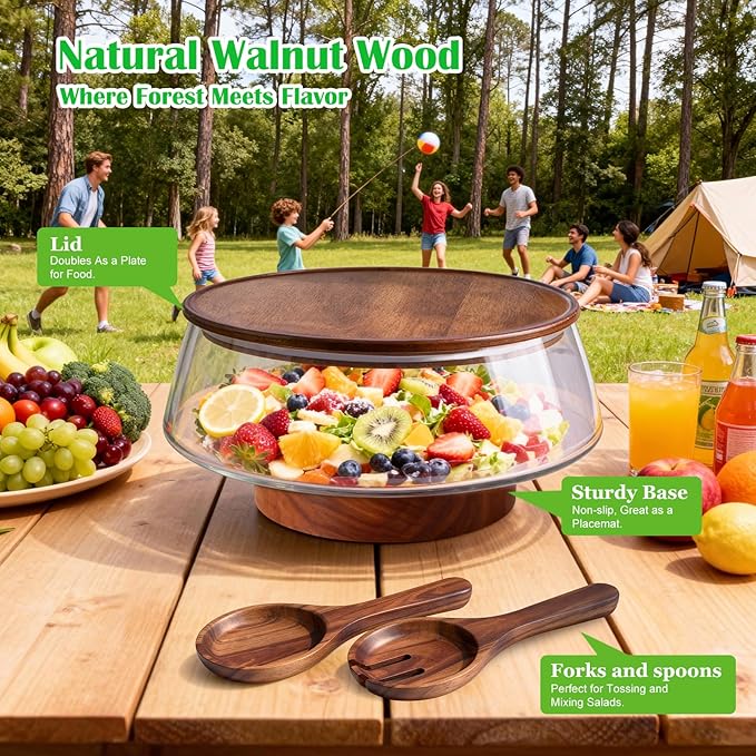 Extra Large Glass Salad Bowl with Lid Set, 5-Qt (160 fl oz) Mixing/Serving Bowl with Wood Base & Salad Servers, Trifle Bowl for Kitchen, Parties & Christmas