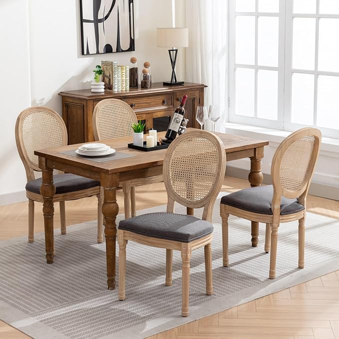 Vintage French Rattan Dining Chairs Set of 6, Solid Wood Frame with Round Rattan Back and Linen Upholstered Seat, Farmhouse Accent Sillas de Comedor Side Chairs for Dining Room & Kitchen, Gray