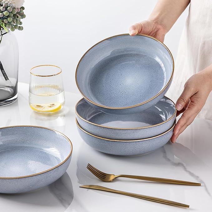 GBHOME 8.75'' Large Ceramic Pasta Bowls, 38oz Stoneware Pasta Serving Bowls Set of 4 for Kitchen, Wide Bowls for Fruit,Pasta,Salad,Oatmeal,Meal, Microwave Safe, Reactive Glaze-Blue