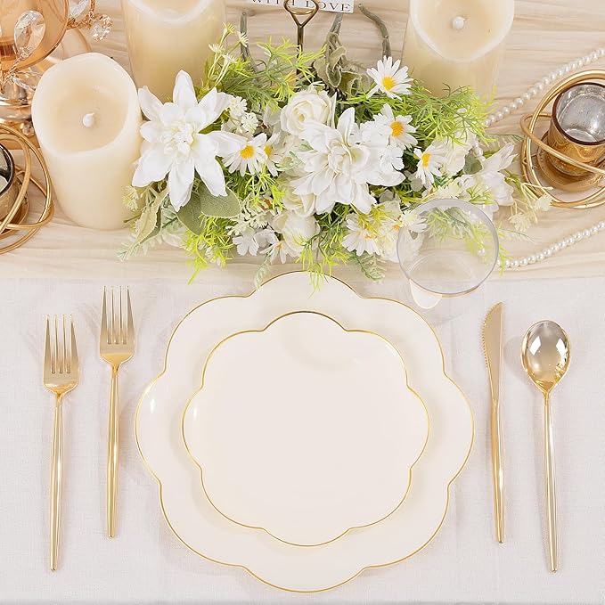 EI 180pcs Beige Plastic Plates with Gold Plastic Silverware,Heavy-Duty Disposable Plates for Party,Beige Dinnerware Set for 30 Guest Wedding,Afternoon Tea,Spring,Mother's Day,Valentine's Day,Easter