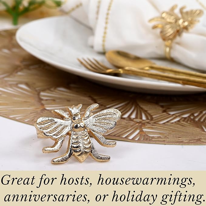 Alpha Living HOMEAntique Gold Metal Napkin Rings - Set of 12 Elegant Bee Table Holders - Ideal Décor for Weddings, Family Gatherings, Formal Dinners, Banquets & Everyday Dining