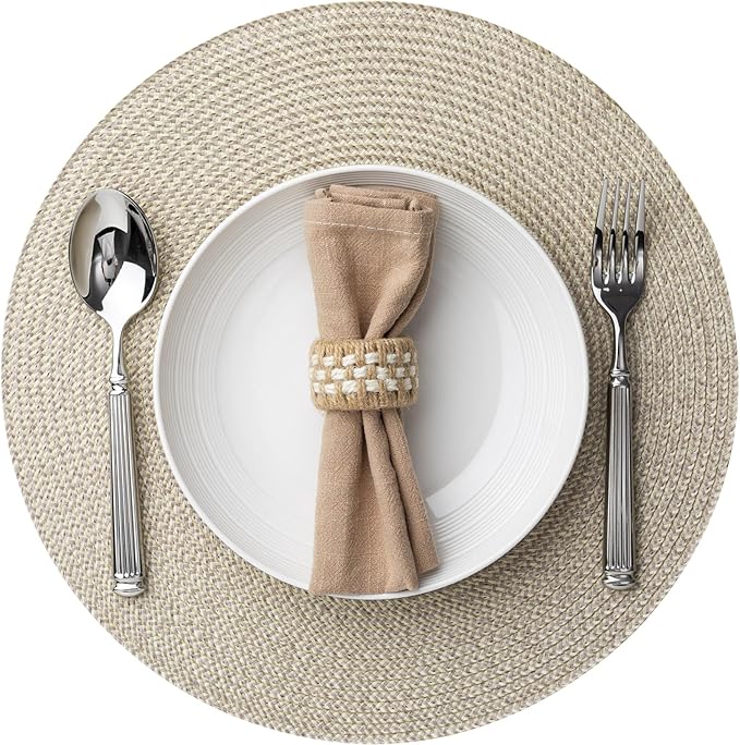 Round Placemats Set of 8 Plastic Woven Placemats Washable Wipeable Table Mats for Dining Table Heat Resistant Non-Slip Circle Place Mats (Beige-Brown)