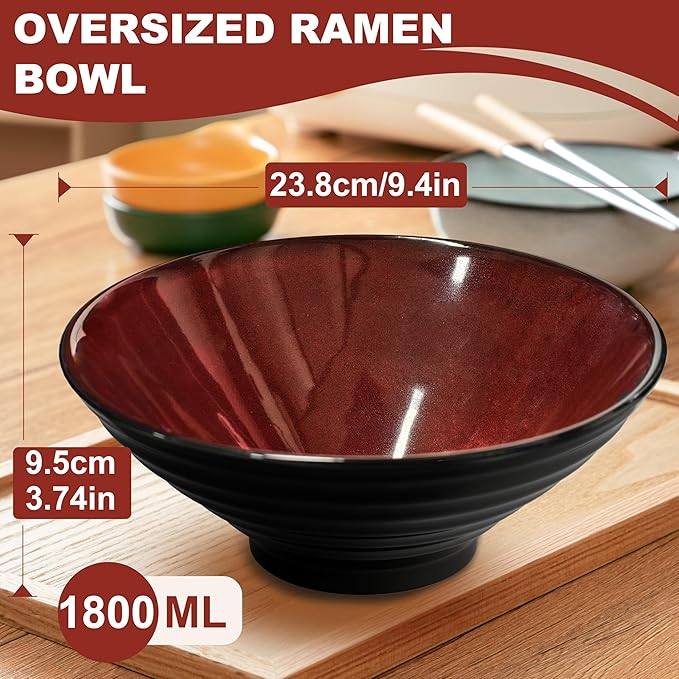 9.4-Inch 2 Sets Ceramic Ramen Bowl (8 Piece) - Japanese Porcelain Dishwasher Microwave Safe Salad Noodles Cereal Pasta Soup Large Bowls with Chopsticks Forks Spoons for Men Women Housewarming Gift