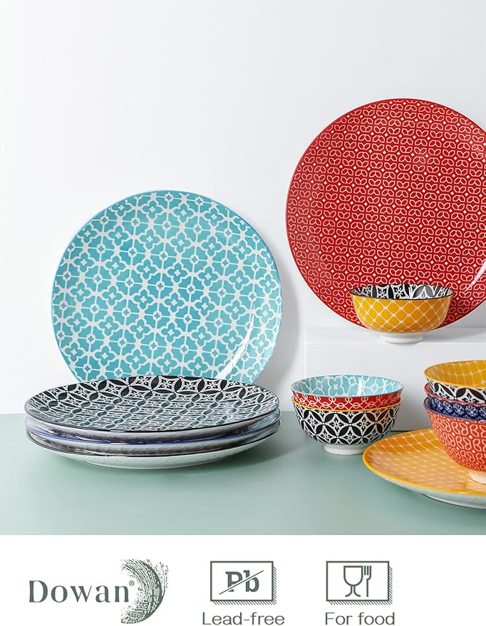 DOWAN 10" Colorful Dinner Plates Set of 6, Ceramic Dessert Plates Set for Salad, Pasta, Steak - Appetizer Plates, Dining Serving Plates for Parties, Restaurant - Dishwasher & Microwave Safe - Gifts