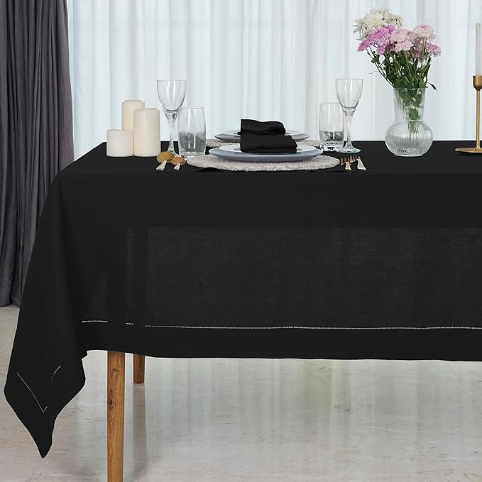 D'Moksha Homes Black Linen Tablecloth for Rectangle Tables 60 x 84 Inch - Classic Hemstitch 100% Pure Linen Black Table Cloth - Machine Washable Dining Tablecloth for Spring, Easter