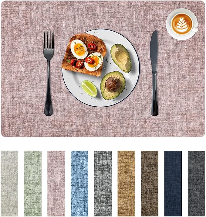 Placemats Set of 6 Faux Leather Heat Resistant Tables Mats Waterproof Oilproof Wipeable Reversible Anti-Slip Place Mats for Kitchen/Dining/Party/Outdoor 11.8" x 16.9", Pink