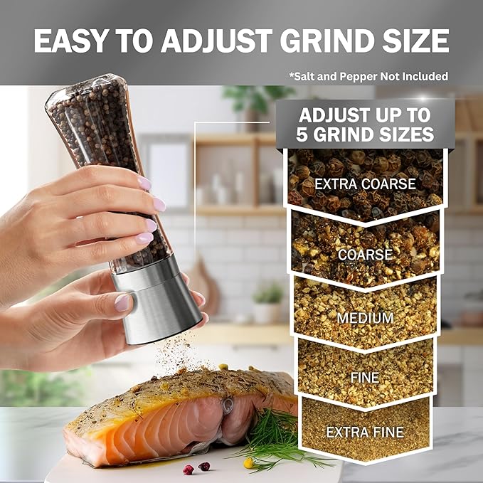 HOME EC Original Stainless Steel Salt or Pepper Grinder 1pk - Adjustable Ceramic Sea Salt Grinder or Pepper Mill - Tall Glass Spice Shaker - Spice Mill w/EBook