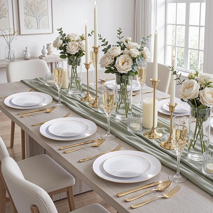 KIRE 60PCS Gold Plastic Plates - Thanksgiving Heavy Duty White Disposable Plates with Gold Rim for Party/Wedding- Include 30Pieces 10.25inch Dinner Plate and 30Pcs 7.5inch Dessert Plate