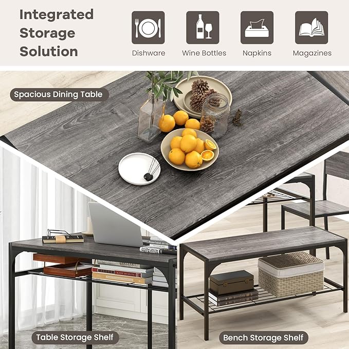 NAFORT Kitchen Table Set for 4, Space-Saving 4-Piece Dining Table Set with Bench and 2 Chairs, Industrial Rectangular Dining Room Set with Storage Shelves for Apartment, Kitchen&Dining, Restaurant