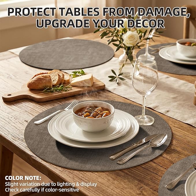 15 inch Faux Leather Round Placemats Set of 6 Non-Slip Washable Wipeable Table Mats, Heat Resistant Waterproof Oilproof Dark Coffee Place Mats for Kitchen, Dining, Party, Indoor, Outdoor