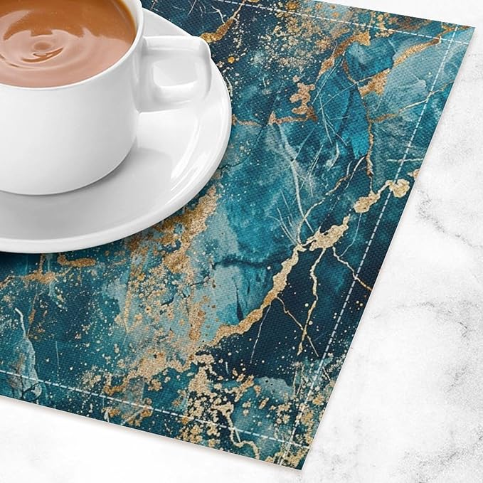 Marble Linen Placemats Set of 2, 12x17 Inch Abstract Modern Foil Stone Texture Blue Gold Marble Table Mats Washable Fabric Place for Party Kitchen Wedding Dining Banquets Decor