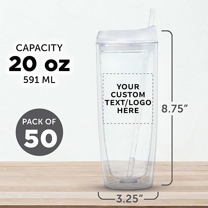 Custom Tall Orbit Acrylic Tumblers 20 oz. Set of 50, Personalized Bulk Pack - Perfect for Iced Coffee, Soda, Other Hot & Cold Beverages - Clear